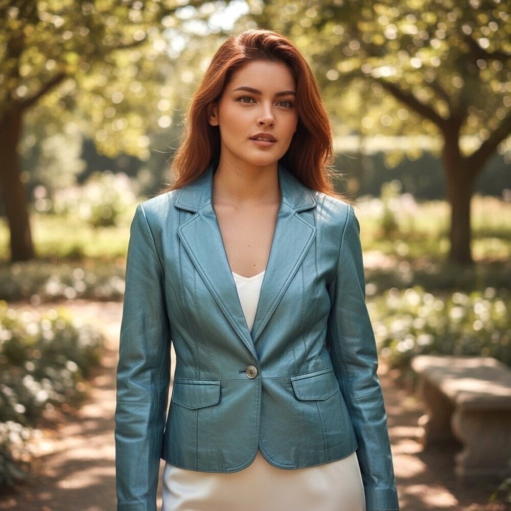 Metallic Blue Leather Blazer Women's Jacket Tailored Size XS Worthington